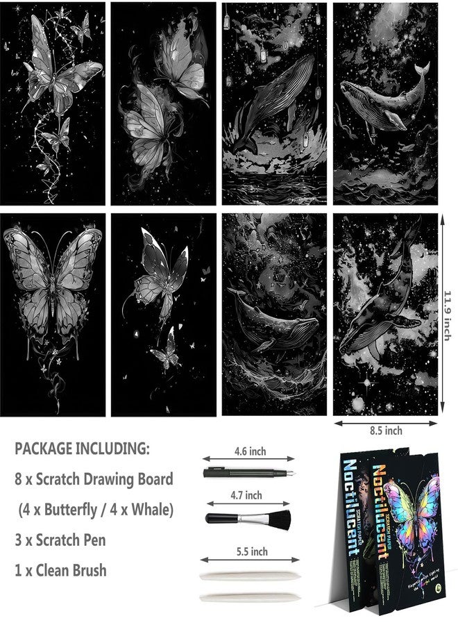 VTEAS 8 Sheet Noctilucent Scratch Art Rainbow Painting Paper with Pen/Cleaning Brush, Glow in The Dark Engraving Scratchboard(A4) for Teen & Adults, Sketch Card Creative Craft (Dolphin/Butterfly) - Image 3